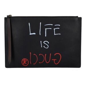 Gucci Life is Gucci Black Clutch with White/Red Graphic Text